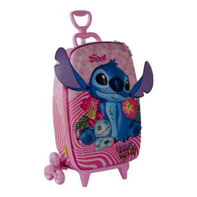 mochila mala infantil stitch 3d com rodinhas escolar menina rosa